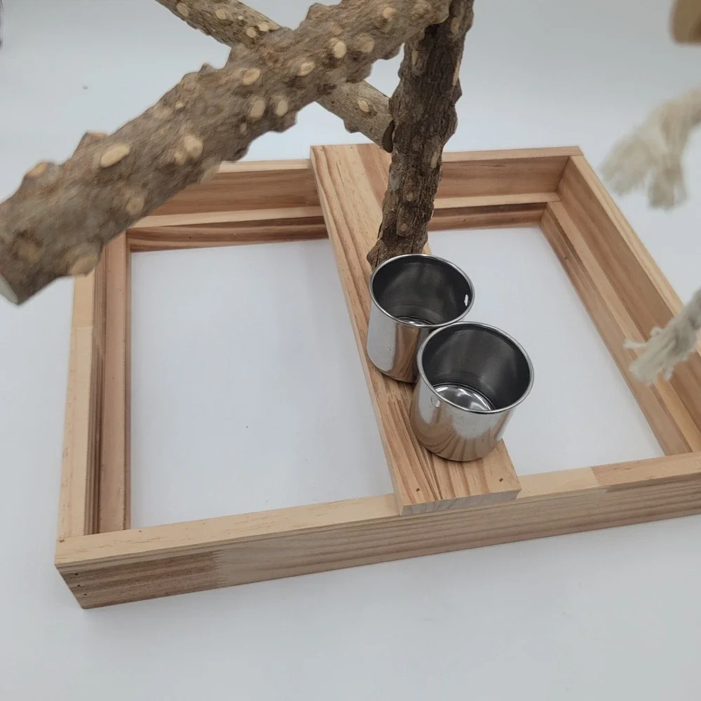 Natural Wood Bird Playstand Tabletop Gym with Stainless Steel Tray‎ and Cups